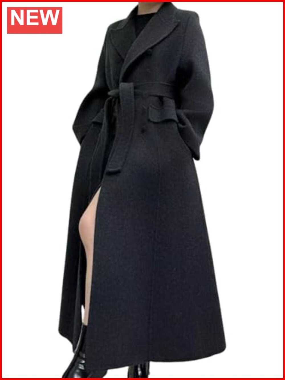 Women's Long Winter Wool Blend Pea Coat Double Breasted Belted Trench Overcoat